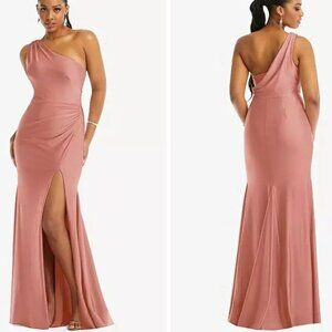 NEW Cynthia & Sahar One-Shoulder Cowl Back Stretch Satin Dress, Desert Rose/Pink